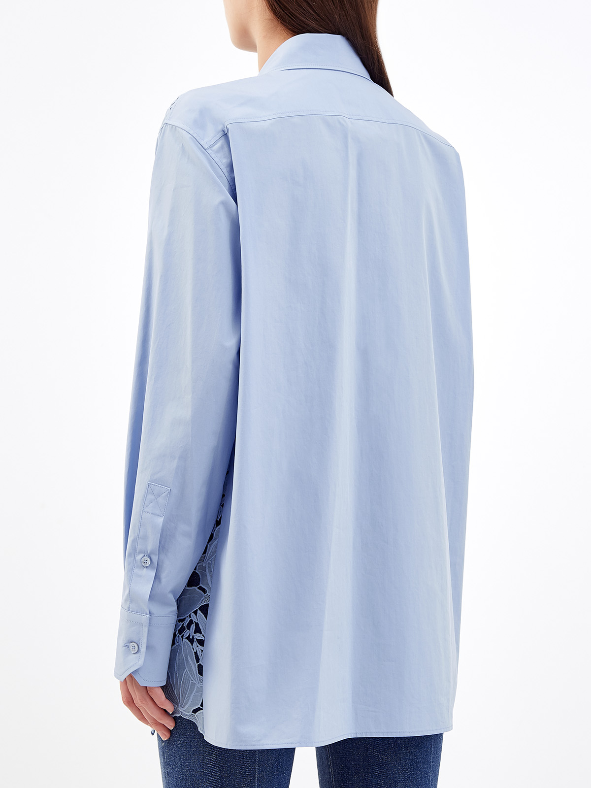 Удлиненная блуза из поплина с ажурной вышивкой VALENTINO, цвет голубой, размер 38;40;42;36 - фото 4